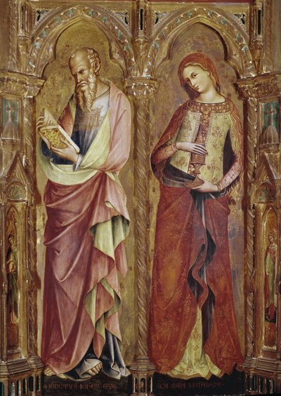 Sankt Johannes evangelisten og Sankt Maria Magdalena - Detalje af bebudelsens polytykon (1357, tempera og bladguld på træ) af Lorenzo Veneziano