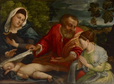 Den hellige familie med en donatrix som den hellige Katarina af Alexandria, ca. 1540-1545 af Lorenzo attr. to Lotto