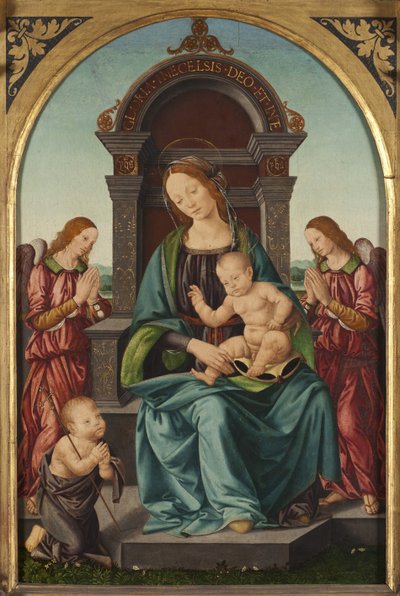 Madonnaen og barnet med spædbarnet Sankt Johannes Døberen og to engle - Madonnaen og barnet med spædbarnet Sankt Johannes og to engle, af Lorenzo di Credi (1459-1537). Olie på træ. Størrelse: 66,5x43,5cm. Nationalmuseum Stockholm af Lorenzo di Credi
