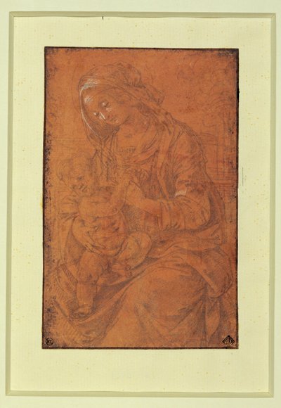 Madonna. Sølvspids, fremhævet i hvidt på laksefarvet papir ... af Lorenzo di Credi