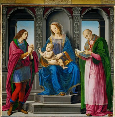 Madonna med barn, omgivet af Sankt Julian og Sankt Nikolaus af Myra ... af Lorenzo di Credi