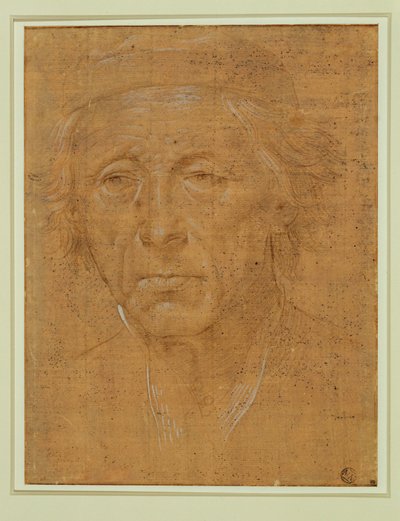 Portræt af en gammel mand, helfigur, med kasket ... af Lorenzo di Credi