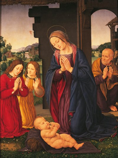 Tilbedelsen af barnet og englene, af Lorenzo di Credi (1459-1536), tempera på lærred af Lorenzo di Credi