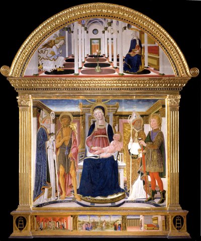 Madonna med barnet og de hellige Blaise, Johannes Døberen, Nicholas og Florian. Bebudelsen, 1462 af Lorenzo di Pietro