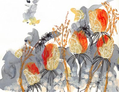 Orange banksia med edderkopper af Lori Ann Folz