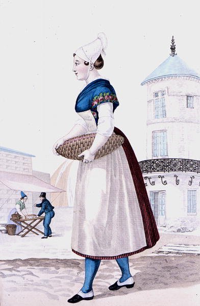 Traditionelt kostume af St. Valery en Caux, graveret af Gatine ca. 1820 (farvegravering) af Louis Marie (after) Lante
