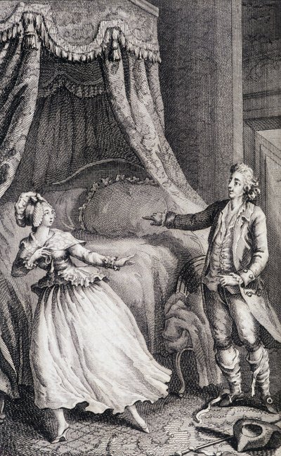 Par foran sengen i soveværelset - i "Les francaises ou 34 eksempler udvalgt i de nuværende skikke egnet til at lede døtre, kvinder, hustruer, mødre" af Restif de La Bretonne (1734-1806), ill. af Binet, Neufchatel af Louis (after) Binet