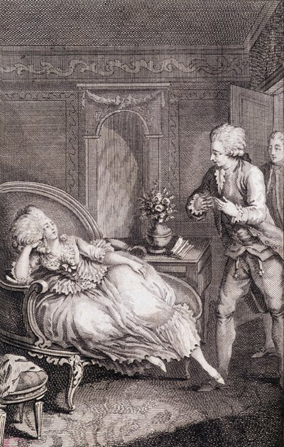 Gentilhomme erklærer sin kærlighed til en dame, der sygner over en hyrde - i "" Les francaises ou 34 eksempler udvalgt i de nuværende skikke egnet til at lede døtre, hustruer, mødre"" af Restif de La Bretonne (1734-1806), ill. af Binet, Neufchatel af Louis (after) Binet