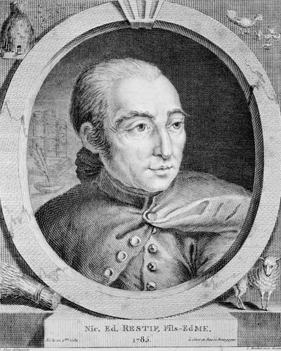 Portræt af Nicolas Edme Restif de La Bretonne (1734-1806) (også Retif de La Bretone) - af Binet, gravering af Louis (after) Binet
