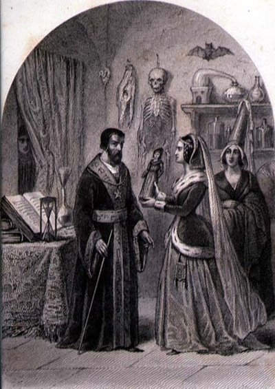 En kunde besøger en troldmand, graveret af Philibert Langlois (ca.1834-9) (stik) af Louis (after) Marckl