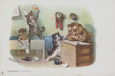 Katte i et klasseværelse: læreren døser, og eleverne opfører sig forkert (chromolitho) af Louis (after) Wain