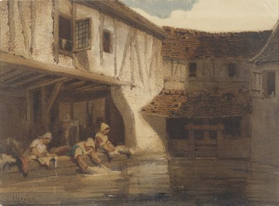 Vasker kvinder i en åben hal i et boligkompleks på vandet af Louis Adolphe Hervier (signed by artist)
