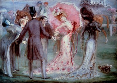 God tid: "" Vejning"" Mænd, der undersøger unge kvinder med insisteren på hestevæddeløb. Maleri af Louis Anquetin (1861-1932), privatsamling fra det 20. århundrede af Louis Anquetin