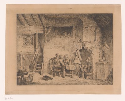 Selskab i tøj fra det sekstende århundrede på en pub Le recit au cabaret af Louis Antoine Carolus