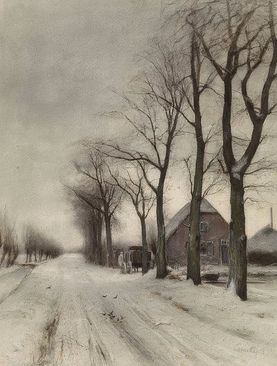 Winterlandschaft mit Bauernhof an einer Allee (Vinterlandskab med en gård på en allé) af Louis Apol