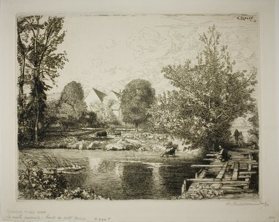 Den gamle gangbro, bredden af Petit Morin af Louis Auguste Lepère