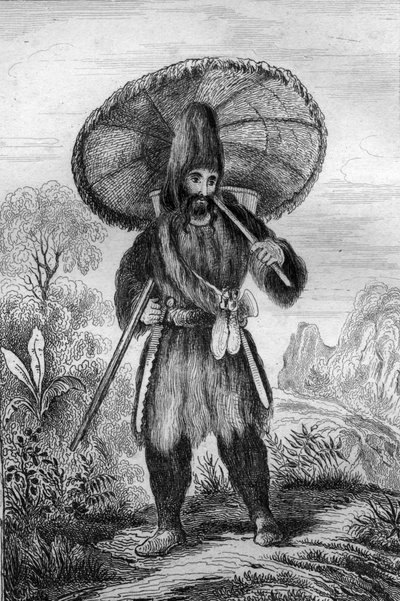 Jeg var iført en hat af høj højde... indgravering efter M. de Sainsons tegning til Daniel Defoes Bog (De foe) "Robinson Crusoe"" fransk udgave af 1837. af Louis Auguste de Sainson