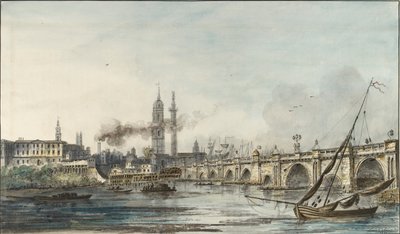 Udsigt over Themsen mod kirken St Magnus og monumentet, slutningen af det 18. århundrede af Louis Bélanger