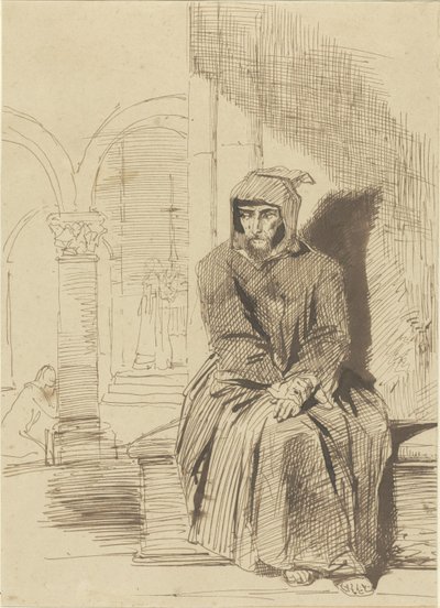 Munk siddende, i kontemplation, mens messen fejres i baggrunden af Louis Boulanger