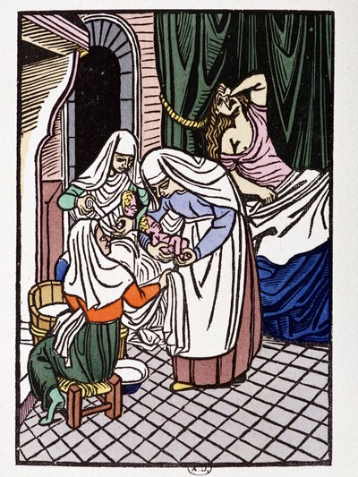 Fødende kvinde - i "" Frenes og Galerans kærligheder fortalt efter Jean Renard, fund fra det 12. århundrede, tilpasset af André Mary", ill. af træstik af Louis Bouquet, red. Jonquieres, Paris af Louis Bouquet
