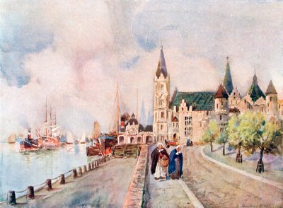 Det gamle slot Steen, Antwerpen (farvelitografi) af Louis Burleigh-Bruhl
