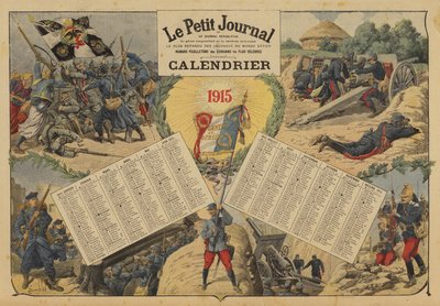Kalender for 1915, med 1. verdenskrigs slagmarksscener (farve litho) af Louis Charles (after) Bombled