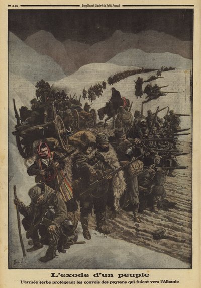 Udvandring af et folk: den serbiske hær beskytter en kolonne af bønder, der flygter til Albanien, Første Verdenskrig af Louis Charles (after) Bombled