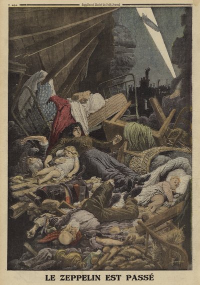 Familie dræbt i et bombeangreb af en tysk Zeppelin, Første Verdenskrig, 1916 (farve litho) af Louis Charles (after) Bombled