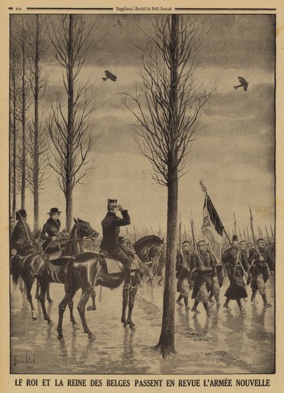 Kong Albert I og dronning Elisabeth af belgierne gennemgår deres nye hær, Første Verdenskrig af Louis Charles (after) Bombled