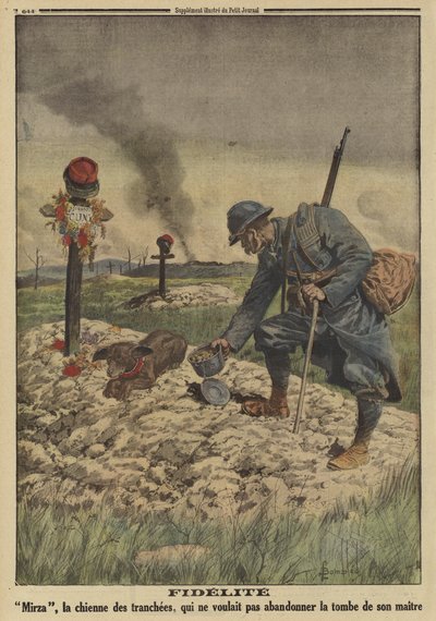 Loyalitet: Fransk hærhund, der nægter at forlade sin døde herres grav, Første Verdenskrig af Louis Charles (after) Bombled