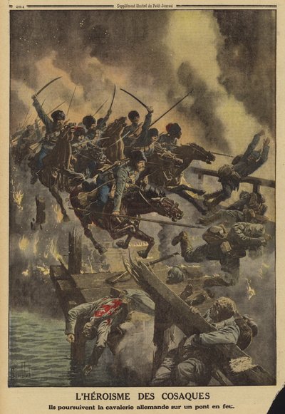 Russiske kosakker, der forfølger tysk kavaleri over en brændende bro over floden Strypa, Første Verdenskrig af Louis Charles (after) Bombled