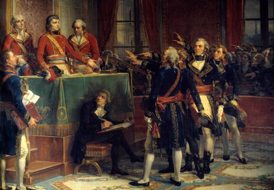 De tre konsuler: Bonaparte, Cambaceres og Lebrun, der modtager ed fra præsidenter Til højre, Emmanuel-Joseph (Emmanuel Joseph) Sieyes (1748-1836) og Pierre-Roger (Pierre Roger) Ducos (Roger Ducos) (1747-1816). Maleri af Louis Charles Auguste Coud af Louis Charles Auguste Couder
