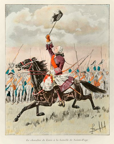 bombede Louis (1862 - 1927); Chevalier de Levis (Francois Gaston de Levis 1719 - 1787) ved slaget ved Sainte Foy i 1760 mod englænderne; Eugene Guenins historie om det nye Frankrig - 1900 - Coll, del. af Louis Charles Bombled
