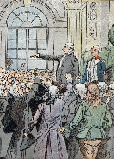 Fransk revolution: "" Deputerede Jean Sylvain Bailly (1736-1793) blev valgt til borgmester i Paris den 15/07/1789 i nærværelse af La Fayette"" (politisk leder Jean-Sylvain Bailly valgt som borgmester i Paris den 15. juli 1789) Illustration af Louis Charles af Louis Charles Bombled