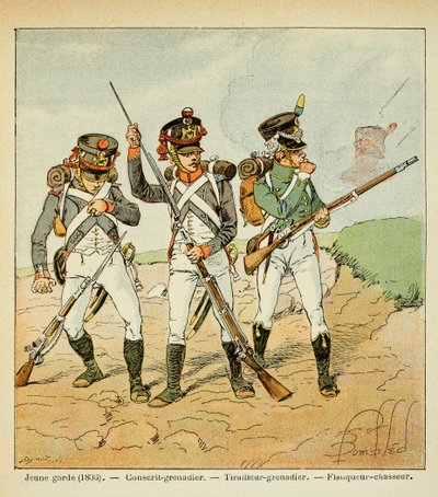 Illustration af Bombled Louis (1862-1927) fra bogen "The Memorial of Saint Helene" af grev Emmanuel de Las Cases (1766-1842): Den unge garde fra 1806: værnepligtig grenadier; skyttegrenadier og flankerende jæger, Private Collection af Louis Charles Bombled
