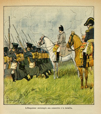 Illustration af Bombled Louis (1862-1927) fra bogen "The Memorial of Saint Helene" af grev Emmanuel de Las Cases (1766-1842): Kejser Napoleon overvejer sine værnepligtige under et slag, Privatsamling af Louis Charles Bombled