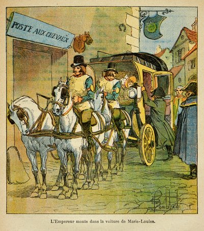 Illustration af Bombled Louis (1862-1927) fra bogen "The Memorial of Saint Helene" af Grev Emmanuel de Las Cases (1766-1842): Kejser Napoleon kører i bilen for at møde sin kone Marie Louise i 1810, Privatsamling af Louis Charles Bombled
