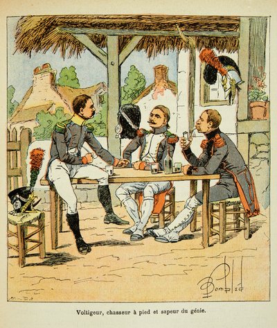 Illustration af Bombled Louis (1862-1927) fra bogen "The Memorial of Saint Helene" af Grev Emmanuel de Las Cases (1766-1842): Armee Francaise: Voltigeur; jæger og åndens sapeur, privat samling af Louis Charles Bombled