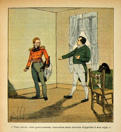 Illustration af Bombled Louis (1862-1927) fra bogen "The Memorial of Saint Helene" af Grev Emmanuel de Las Cases (1766-1842): Kejser Napoleon bebrejder guvernør Hudson Lowe (1769-1844) for hans opførsel over for ham, Collection Partial af Louis Charles Bombled
