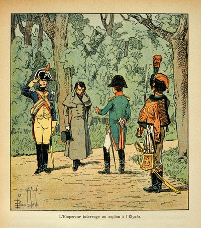 Illustration af Bombled Louis (1862-1927) fra bogen "The Memorial of Saint Helene" af Grev Emmanuel de Las Cases (1766-1842): Kejser Napoleon forhører en spion i Elysee, Privatsamling af Louis Charles Bombled