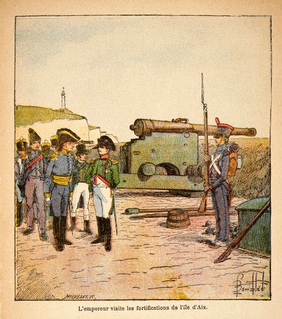 Illustration af Bombled Louis (1862-1927) fra bogen "The Memorial of Saint Helene" af Grev Emmanuel de Las Cases (1766-1842): Kejser Napoleon besøger befæstningerne på øen Aix efter sin abdikation, Privatsamling af Louis Charles Bombled