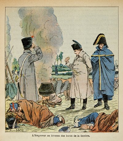 Illustration af Bombled Louis (1862-1927) fra bogen "The Memorial of Saint Helene" af Grev Emmanuel de Las Cases (1766-1842): Napoleon under en bivuak spiser soldaternes brød, Privatsamling af Louis Charles Bombled