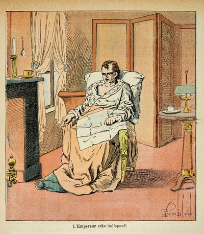 Illustration af Bombled Louis (1862-1927) fra bogen "The Memorial of Saint Helene" af Grev Emmanuel de Las Cases (1766-1842): Den syge kejser Napoleon i St. Helene, Privat Samling af Louis Charles Bombled