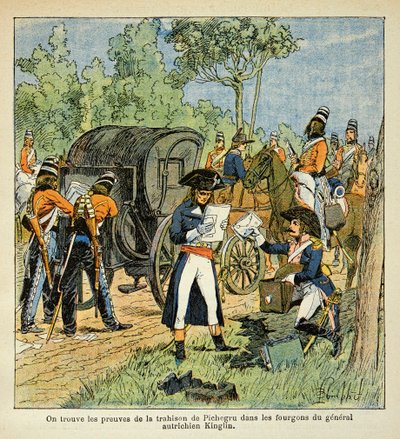 Illustration af Bombled Louis (1862-1927) fra bogen "The Memorial of Saint Helene" af Grev Emmanuel de Las Cases (1766-1842): Under passagen af Rhinen opdager Moreau korrespondancen mellem Pichegru og prinsen af Conde i varebilerne af af Louis Charles Bombled