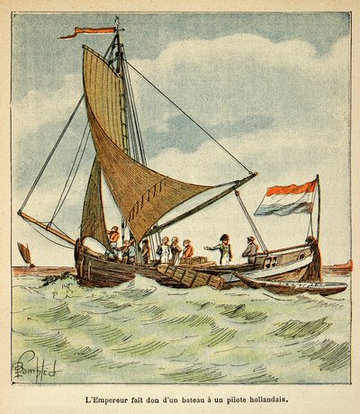 Illustration af Bombled Louis (1862-1927) fra bogen "The Memorial of Saint Helene" af Grev Emmanuel de Las Cases (1766-1842): Napoleon donerede en båd til en hollandsk pilot under hans besøg i Holland af Louis Charles Bombled