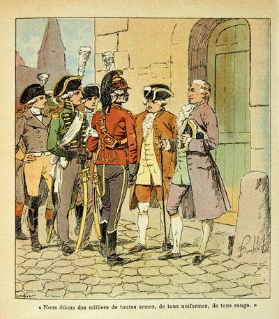 Illustration af Bombled Louis (1862-1927) fra bogen "The Memorial of Saint Helene" af Grev Emmanuel de Las Cases (1766-1842): Emigrers to Coblenz (Koblenz) under the Revolution, Privat Samling af Louis Charles Bombled