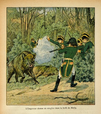 Illustration af Bombled Louis (1862-1927) fra bogen "The Memorial of Saint Helene" af grev Emmanuel de Las Cases (1766-1842): Kejser Napoleon jager vildsvin i skoven ved Marly, Private Collection af Louis Charles Bombled