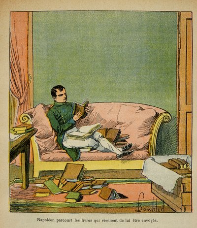 Illustration af Bombled Louis (1862-1927) fra bogen "The Memorial of Saint Helene" af Grev Emmanuel de Las Cases (1766-1842): Kejser Napoleon rejser gennem de bøger, der netop er blevet sendt til St. Helene, Privatsamling af Louis Charles Bombled