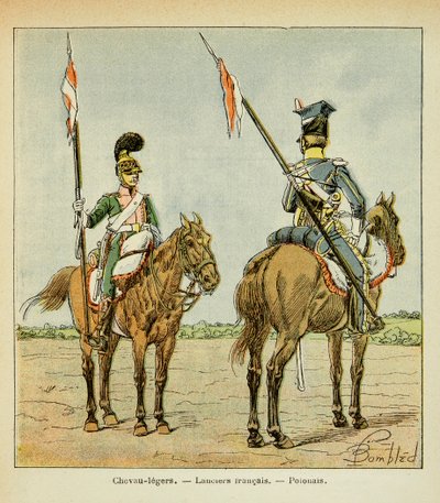 Illustration af Bombled Louis (1862-1927) fra bogen "The Memorial of Saint Helene" af Grev Emmanuel de Las Cases (1766-1842): Gardens lette heste: fransk og polsk Lancier, privat samling af Louis Charles Bombled