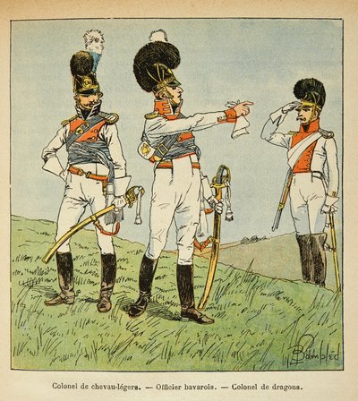 Illustration af Bombled Louis (1862-1927) fra bogen "The Memorial of Saint Helene" af Grev Emmanuel de Las Cases (1766-1842): Bavarian Military: Oberst af Light Horses; bayersk officer; Oberst af Dragons, privat samling af Louis Charles Bombled